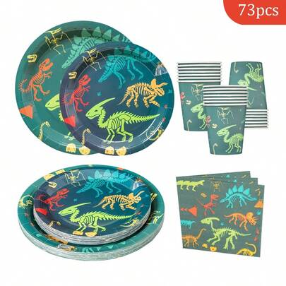 Bộ đồ dùng tiệc dùng một lần hình hóa thạch khủng long gồm đĩa, khăn ăn và cốc - Dành cho 16 khách, thích hợp cho sinh nhật, đám cưới, tiệc theo chủ đề, dã ngoại gia đình.