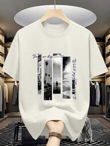 Men's Short Sleeve T-Shirt With Round Neck And Graphic Print, Suitable For Summer - Vintage Street Style, Unisex Loose Cotton T-Shirt With Round Neck And Short Sleeves. - 杏色 - 查看 7