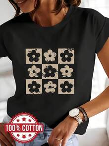 Camiseta de mujer, beige y blanca con estampado floral de margaritas, mangas cortas, camiseta estampada a la moda, 100% algodón, cuello redondo, mangas cortas, corte holgado con hombros caídos, absorbente de sudor y transpirable, ropa casual y cómoda para el hogar, se puede usar como capa base en otoño e invierno, o como prenda exterior en primavera y verano, camiseta deportiva versátil de manga corta, transpirable y absorbente de sudor, 100% algodón. - Negro - Ver 1