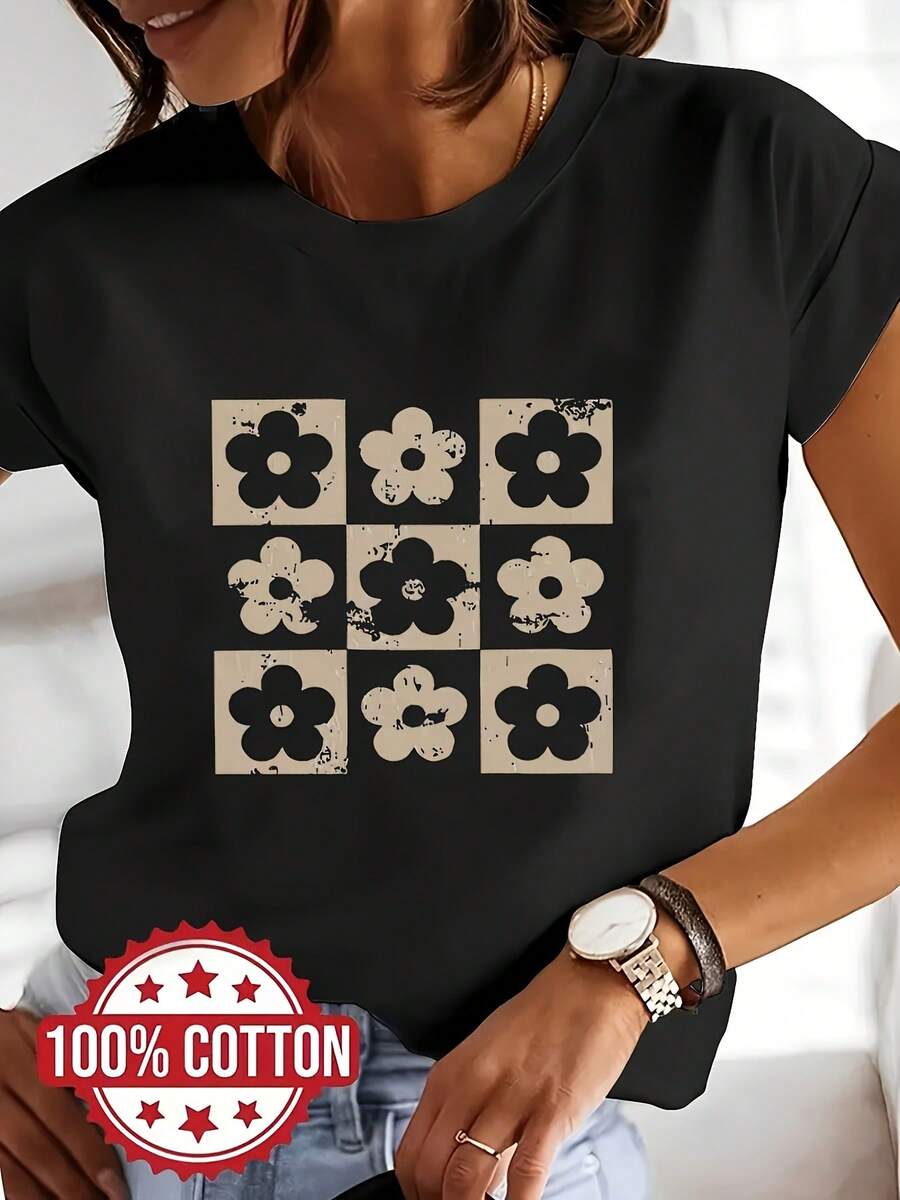 Camiseta de mujer, beige y blanca con estampado floral de margaritas, mangas cortas, camiseta estampada a la moda, 100% algodón, cuello redondo, mangas cortas, corte holgado con hombros caídos, absorbente de sudor y transpirable, ropa casual y cómoda para el hogar, se puede usar como capa base en otoño e invierno, o como prenda exterior en primavera y verano, camiseta deportiva versátil de manga corta, transpirable y absorbente de sudor, 100% algodón. - Negro - Ver 1
