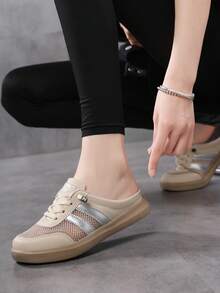 Women's Casual Sports Slip-On Mesh Breathable Low-Top Shoes, Beige Fashion Mule Sandals For Summer - 296 Khaki - View 2