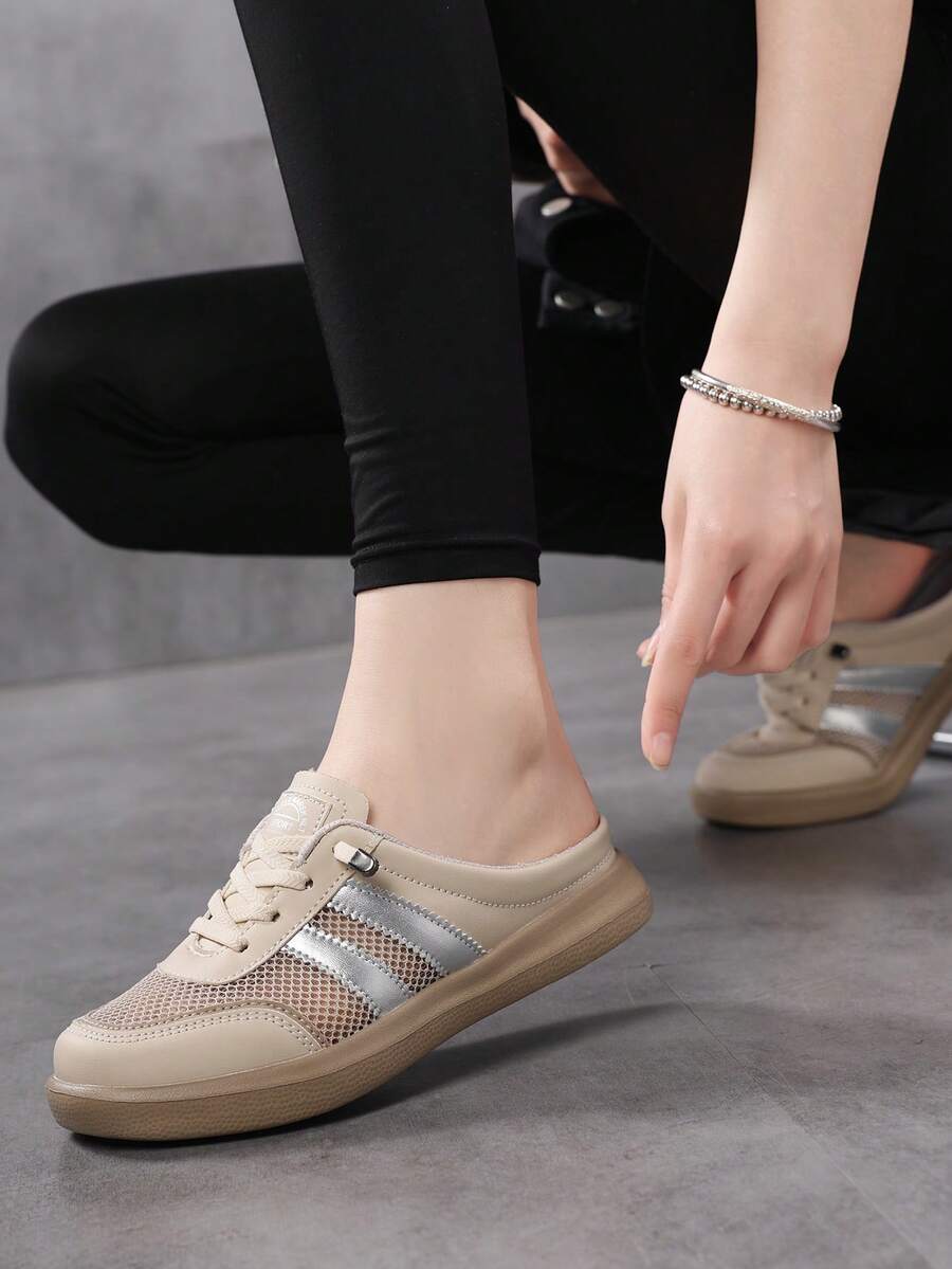 Women's Casual Sports Slip-On Mesh Breathable Low-Top Shoes, Beige Fashion Mule Sandals For Summer