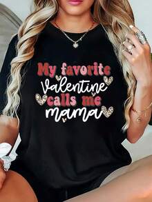 Women's Plus Size Crew Neck Casual T-Shirt - Slightly Stretchy Polyester Fabric, Short Sleeve, Alphabet Print, Oversized Sweaters For Valentine's Day - Spring/Summer/Autumn Y2k T-Shirt Shirt - 黑色 - 查看 10