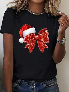 Women's Short-Sleeved Cotton T-Shirt With Bow And Christmas Hat Print - Casual Sporty Round Neck Short-Sleeved Blouse - Soft And Stretchy Fabric Suitable For All Seasons And As A Layering Piece - Comfortable And Machine Washable Top. - 黑色 - 查看 1