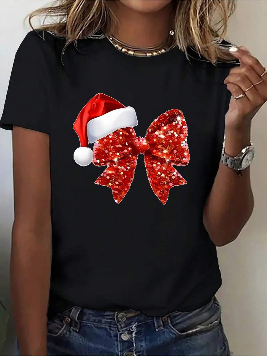 Women's Short-Sleeved Cotton T-Shirt With Bow And Christmas Hat Print - Casual Sporty Round Neck Short-Sleeved Blouse - Soft And Stretchy Fabric Suitable For All Seasons And As A Layering Piece - Comfortable And Machine Washable Top. - 黑色 - 查看 1