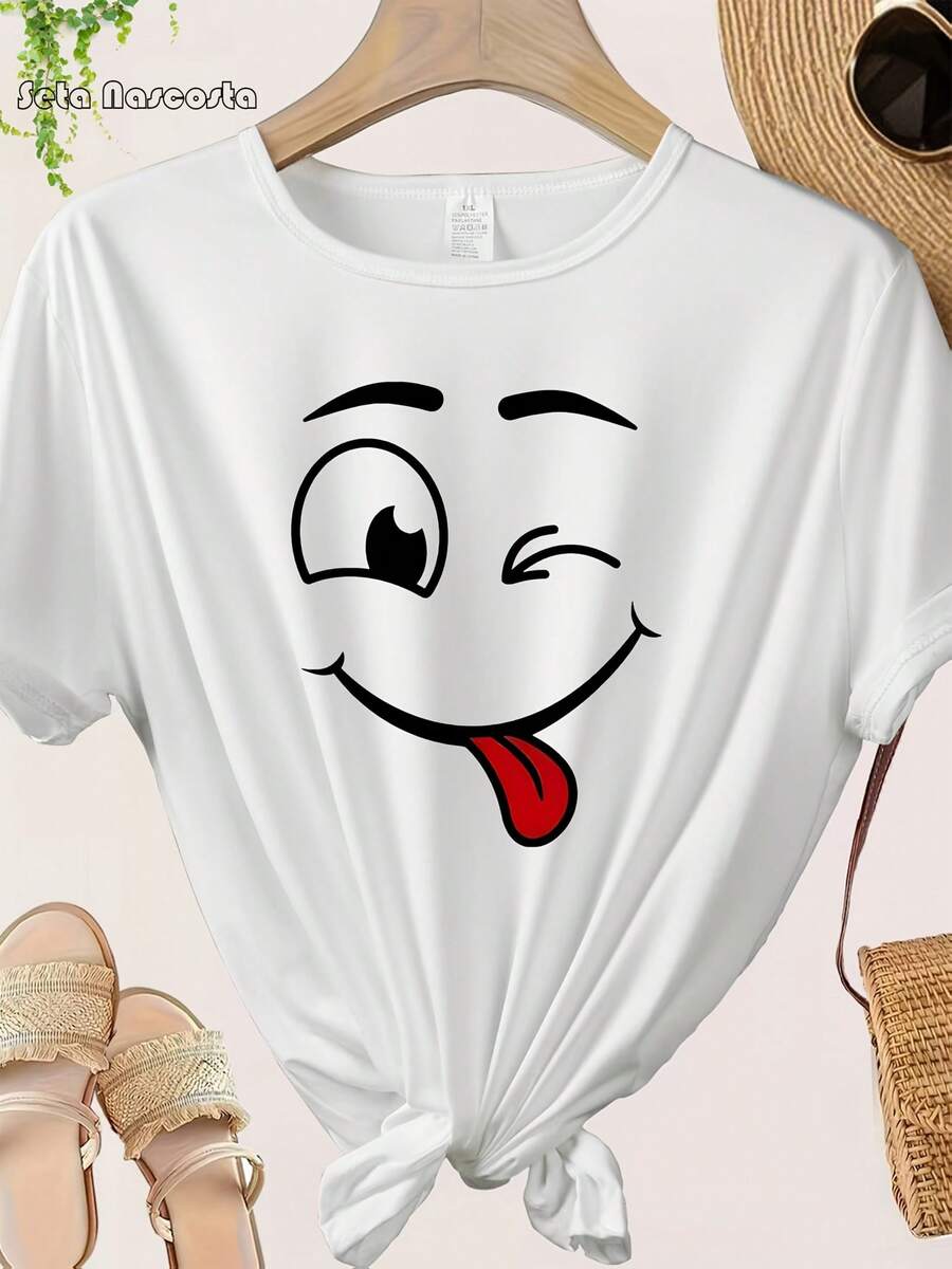 Talla Grande - Camiseta de Talla Grande con Estampado de 'Patrón de Sonrisa', con Divertidos Gráficos de Expresiones en las Mangas Cortas