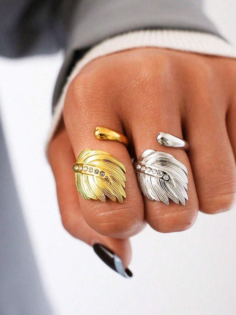 Uself Bộ 2 chiếc/1 chiếc nhẫn nữ sang trọng kiểu cổ điển đính đá Cubic Zirconia hình lông vũ, mạ vàng, bằng thép không gỉ, có thể điều chỉnh kích cỡ, chống nước, phù hợp với trang phục hàng ngày mùa hè, quà tặng Ngày của Mẹ, trang sức kiểu phương Tây, quà tặng Ngày Nhà giáo, quà tặng tốt nghiệp.
