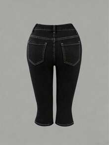 Mid-Waist Retro Stretch Split Hem 3/4 Slim Fit Denim Capri Shorts, Khaki, Suitable For Summer Spring Casual Outings And Dates - Black - View 6