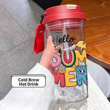 1個/5個 500ml「Hello Summer」主題塑膠杯附吸管、掛繩與防漏蓋，透明冰咖啡杯印有可愛火烈鳥、西瓜和冰淇淋圖案，適合夏季日常使用，是女孩和海灘愛好者的絕佳禮物 - 多色-組合summer - 查看 3