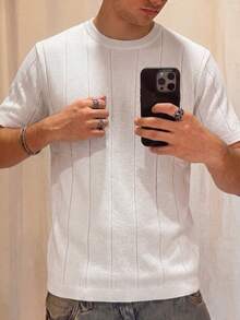 Suéter de punto fino holgado de manga corta con cuello redondo acanalado para hombre, primavera/verano - Blanco - Ver 7