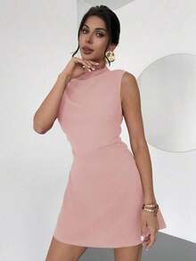 Vestido mini plisado de línea A con volantes, elegante, minimalista, delicado, romántico, para uso diario, viajes, boda, fiesta, festival de música, vacaciones, color rojo - Rosa vieja - Ver 3