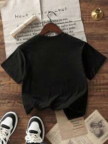 Camiseta de manga corta de mujer de ajuste holgado con cuello redondo y estampado de eslogan, nueva y casual para el verano, moda diaria y de vacaciones, adecuada para el día a día y las vacaciones - Negro 2 - Ver 4
