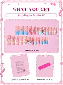SANRIO 三麗鷗 Hello Kitty 24入 Y2K 中方型 3D 凝膠法式穿戴式假指甲，附可愛 3D Hello Kitty 與水鑽設計，春夏季適用，完美貼合壓克力假指甲組，適合日常、派對與聚會使用的美甲用品 - 彩色 - 查看 8