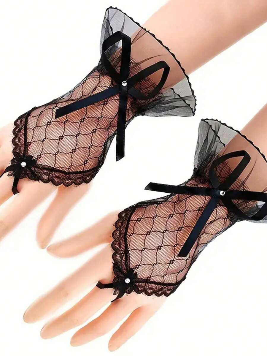 1 đôi găng tay lưới trắng gợi cảm ngọt ngào dành cho cô dâu, găng tay ren mỏng màu đen kiểu Lolita cho đám cưới, lễ hội, tiệc tùng. - Cung không ngón - Xem 1
