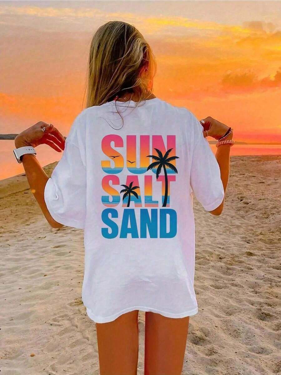 1 pieza de camiseta casual de cuello redondo para mujer SALT Print, manga corta, longitud regular, para primavera y verano, 180g, 100% algodón, los diseños están completamente estampados. Unisexo. - Blanco - Ver 1
