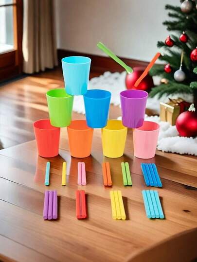 48pcs Wooden Sorting Game, Montessori Color Matching Cups And Counting Sticks, Colorful Wooden Counting Sticks Placed Into Corresponding Cups, Suitable For Early Math Learning, Birthday Gift