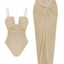 Swim Oasis 2pcs/Set Sexy Solid Color V-Neck Ruched Spaghetti Strap Bandeau One-Piece Swimsuit & Front Twist Slit Beach Dress Set - Albaricoque - Ver 1