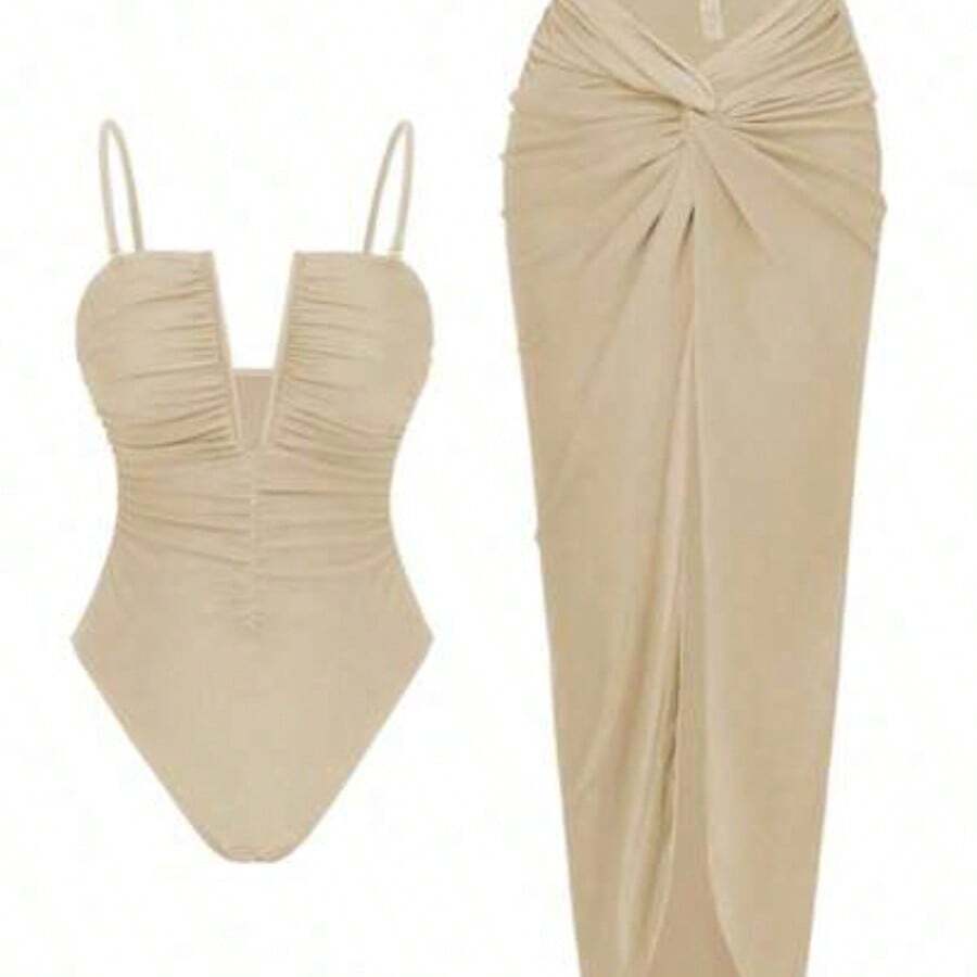 Swim Oasis 2pcs/Set Sexy Solid Color V-Neck Ruched Spaghetti Strap Bandeau One-Piece Swimsuit & Front Twist Slit Beach Dress Set - Albaricoque - Ver 1
