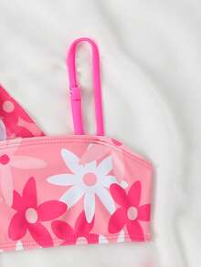 Conjunto de 3 piezas de tankini con estampado floral para niña: parte superior de traje de baño, Bottom y cubridor - Rosa Fucsia - Ver 4