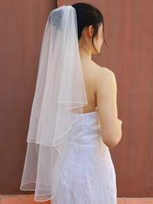 1pc Solid Color New Wedding Accessory, Double-Layer Short Bridal Veil With Metal Hair Comb, Suitable For All Seasons,Summer,Beach - Ivory White - View 9