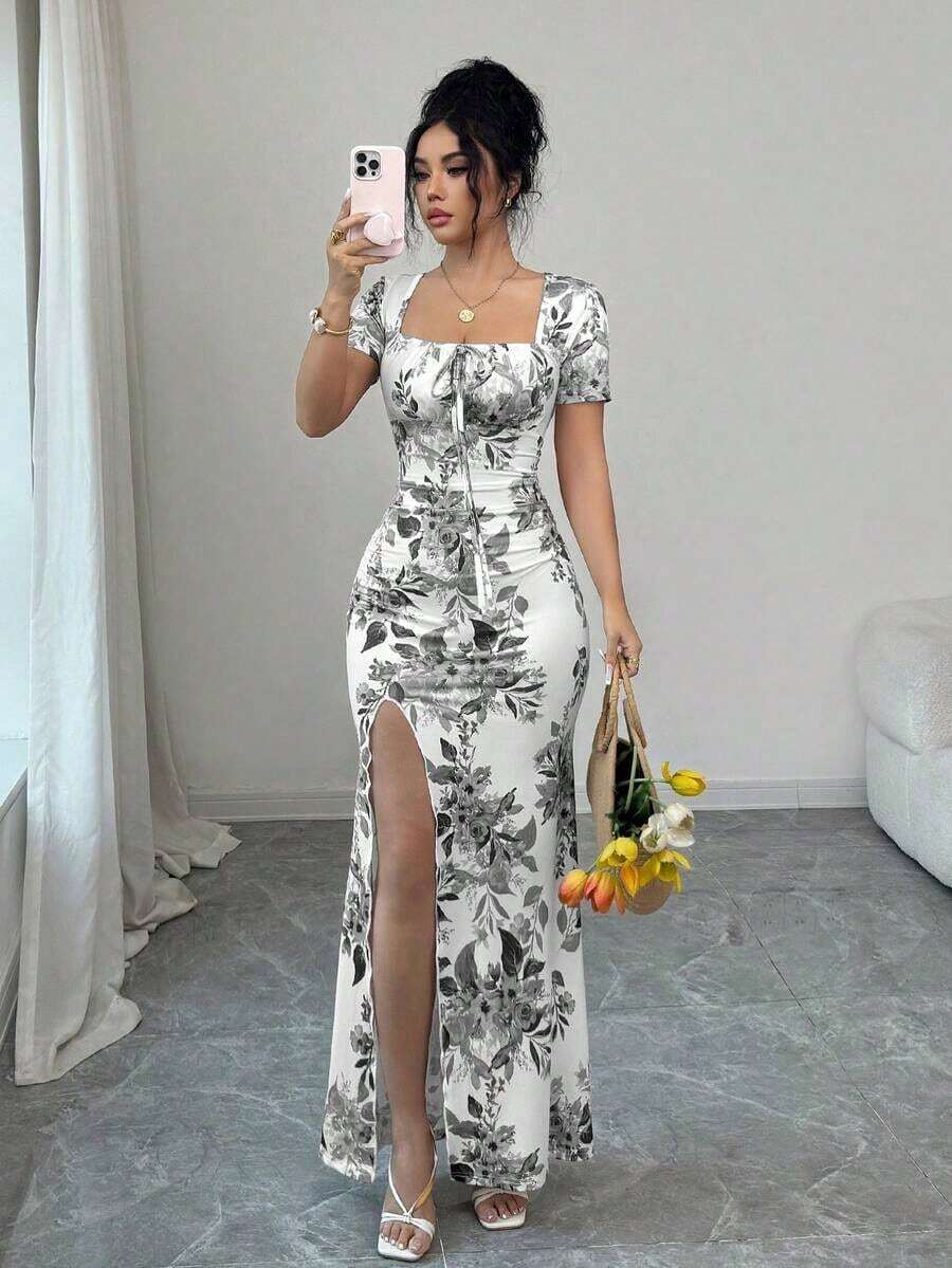Vestido de verano de manga corta para mujer, vestido de vacaciones con estampado digital, vestido de playa y vacaciones con bajo con abertura, vestido largo con fruncido en la cintura - Gris - Ver 1