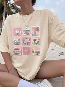 Camiseta de verano para mujer de corte holgado con estampado y cuello redondo informal. Perfecto para uso al aire libre, desplazamientos diarios, citas informales y estilo urbano. - Beis - Ver 1