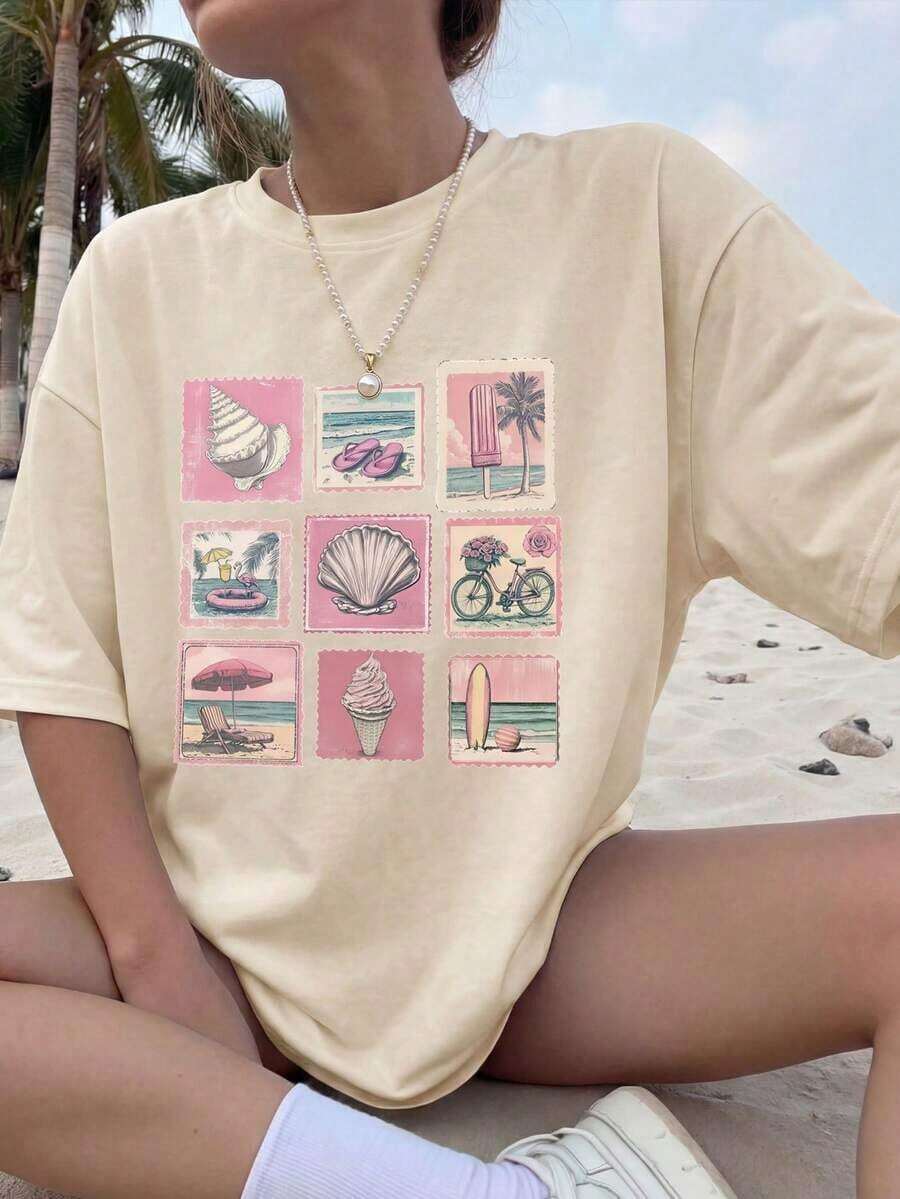 Camiseta de verano para mujer de corte holgado con estampado y cuello redondo informal. Perfecto para uso al aire libre, desplazamientos diarios, citas informales y estilo urbano. - Beis - Ver 1