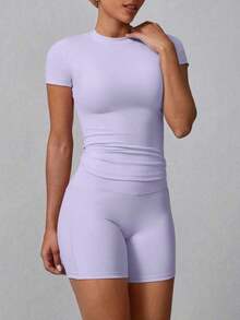 Conjunto deportivo de verano para mujer de unicolor simple con pantalón corto y manga corta - Morado - Ver 5