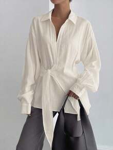 Blusa urbana y casual de manga larga con lazo lateral para mujer - Blanco 2 - Ver 2