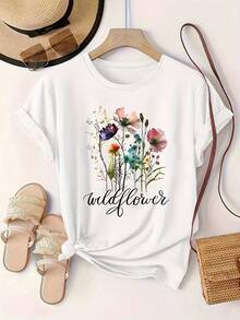 Camiseta de algodón de manga corta para mujer, camiseta de algodón de manga corta con estampado floral y cuello redondo, camiseta casual de manga corta para primavera y verano, ropa de mujer. - Blanco - Ver 2