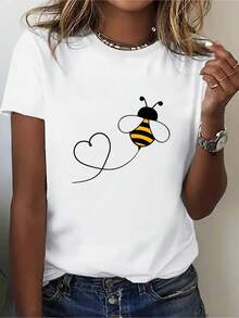 Women's T-Shirts 100% Cotton 2026 Fashion Female Casual Sporty Style Cute Little Bee Breathable Sweat-Absorbent Lightweight Comfortable Soft Printed Sports T-Shirt Korean Style - White - View 1
