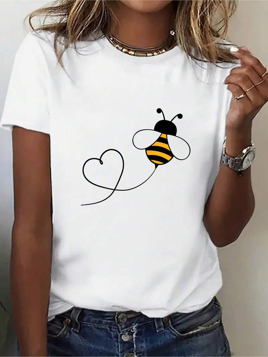 Women's T-Shirts 100% Cotton 2026 Fashion Female Casual Sporty Style Cute Little Bee Breathable Sweat-Absorbent Lightweight Comfortable Soft Printed Sports T-Shirt Korean Style - White - View 1