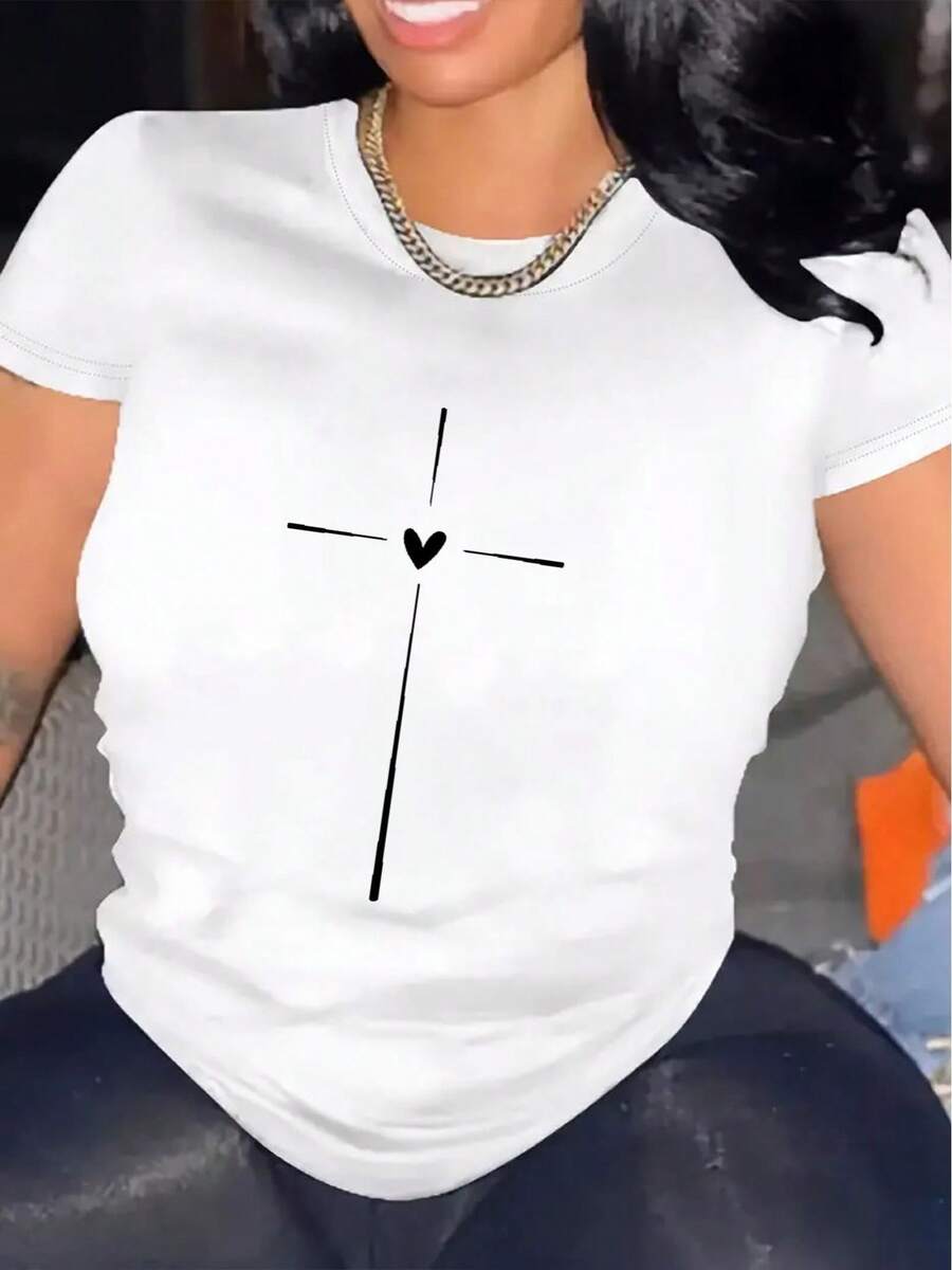Women's Heart-Shaped T-Shirt, Comfortable Round Neck, Casual Mix, Short Sleeve, Soft And Breathable Top, Women's Clothing, T-Shirt For Summer And Spring, Urban Style Fabric. - 白色 - 查看 1