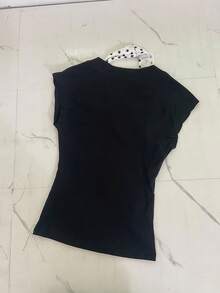 レディース トップス カットソー Tシャツ 半袖 フレンチスリーブ ホルターネック風 ドット柄 水玉 重ね着風 レイヤード アンサンブル風 バイカラー 切り替え ドッキング デザイン 着痩せ 細見え 体型カバー 二の腕カバー 骨格ウェーブ 骨格ストレート スリム フィット ストレッチ 大人可愛い きれいめ フェミニン ガーリー カジュアル レトロ デート お出かけ 通勤 通学 オフィスカジュアル 女子会 ママコーデ 20代 30代 40代 春 夏 秋 シワになりにくい 柔らかい 伸縮性 通気性 ブラック ホワイト モノトーン - ブラック - チェックする 3