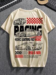 Camiseta de manga corta informal de verano para hombres con estampado de letras y gráfico de coche, cuello redondo, para amigos - Negro - Ver 5