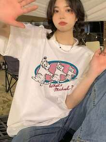 Personalized T-Shirt For Women, Loose Fit, Round Neck, Short Sleeve, Letter And Cat Print, Casual-Vintage Urban Style, White, Cotton, For Spring/Summer - 白色 - 查看 2