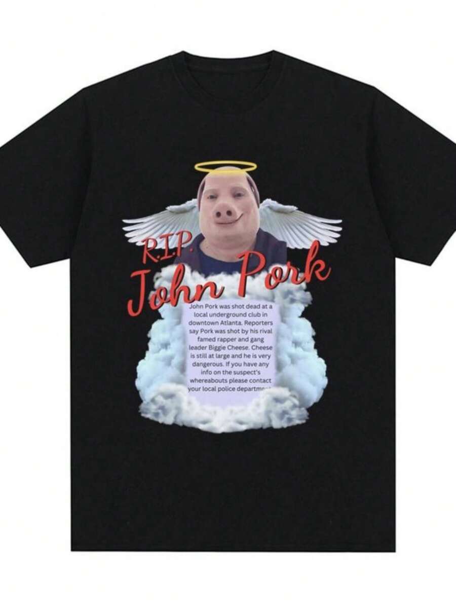 Women's T-ShirtsR.I.P John Pork Funny Humor Pig Meme T Shirt Men Women Fashion Vintage T-Shirts Cotton Comfort Oversized Short Sleeve T Shirts - 黑色 - 查看 1