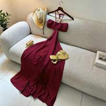 Women's Vacation Style Midi Dress, Print Backless Hollow Out Spaghetti Strap Dress, Summer Party Elegant - Burgundy - View 3