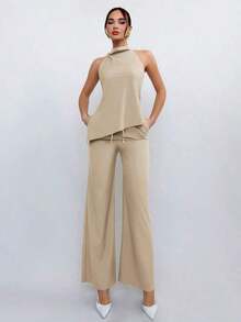 Conjunto de top halter y pantalones de color café claro, estilo sencillo para ir al trabajo - Albaricoque - Ver 5