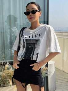 1 pieza Camiseta Oversized con Estampado de Letras y Hombros Caídos 180g 100% Algodón - Blanco - Ver 5