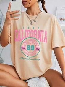 Nueva camiseta de manga corta con cuello redondo para mujeres, diseño estival, con un sencillo y moderno estampado de letras, transpirable y absorbe la sudoración. Envío exprés desde almacén local, modelo para parejas, ropa de pareja-Vintage Street Style Unisex Loose Cotton Short Sleeve Crew Neck T-Shirt - Albaricoque - Ver 1