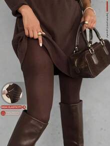 1 Pair Women's Coffee Brown Elastic Tight Leggings, Can Be Worn Alone Or Layered, Sexy Slimming Tights, Anti-Snagging Base Tights, Suitable For Daily Matching - Coffee Brown - View 8