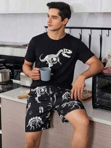 Men's Dinosaur Skeleton Print Pajama Set, Short Sleeve Top And Long Pants - Black - View 5