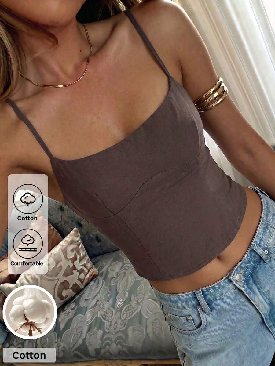 Vellofy 女款夏季棕色亞麻質感細肩帶方領修身短版無袖上衣 - 棕色 - 查看 1