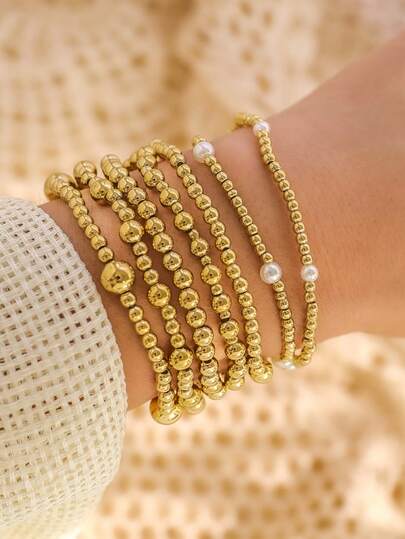 7pcs Fashion CCB Golden Beads Faux Pearl Multilayer Elastic Bracelet Set, Stackable Bracelets For Women, Suitable For Daily, Vacation, Party Jewelry