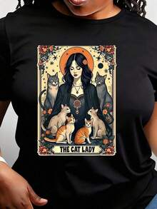 Camiseta Gótica para Mujer Cat La Toka - Camiseta de Manga Corta con Cuello Redondo y Estampado Floral Misterioso de Gatos y Diseño de "Cat Lady", Ropa Casual para Todas las Temporadas, Regalo Perfecto para Amantes de los Gatos,maija, Elegante manga corta para mujeres. - Negro - Ver 7