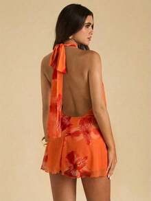 Vestido casual de verano para mujer de unicolor con hombros descubiertos - Naranja - Ver 2