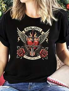 Camiseta Bon Jovi Heart Sword Wings Oto?o, Algodón Premium, Cuello Redondo, Corte Holgado, Cómoda e Informal - Negro - Ver 6