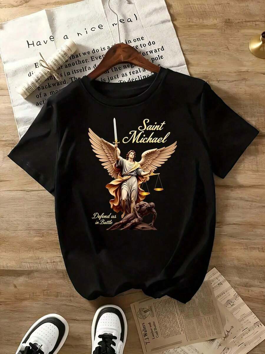 Wholesale 100% High-Quality Cotton Crew Neck T-Shirt With Fun Print, The Archangel T-Shirt, Christian Angel With Sword And Staff, Defend Us In Battle, Religious Graphic T-Shirt, Suitable For Sporting Events, Parties, Outings, Sports And Other Festive Gifts, New Arrival 2026 - 100% Breathable Cotton - 黑色 - 查看 1
