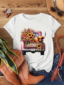 Camiseta de mujer con diseño de vaca de las Highlands escocesas - Diseño de camioneta rosa y vaca escocesa, top casual de verano con cuello redondo suave, atuendo tradicional escocés adecuado para fiestas temáticas escocesas, vestimenta informal, ropa lavable a máquina. - Blanco - Ver 12